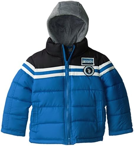 U.S. Polo Association Little Boys' Striped Color Block Puffer Jacket with Fleece Hood, Blue/Black, 4T