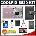 Nikon Coolpix S620 12 Megapixel Digital Camera (Dusty Pink) with 4x Wide Angle Optical Zoom + EN-EL12 Battery + 4GB Card + Leather Case + Accessory Kit