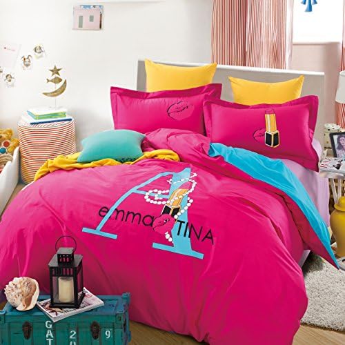 Homehug® 300 Thread-count 100% Cotton Lovely Cartoon Picture Bright Candy Color 4pc Duvet Cover Sets with Pillow Shams Full Size - 1 Year 100% Satisfaction Guarantee (Dark Pink)