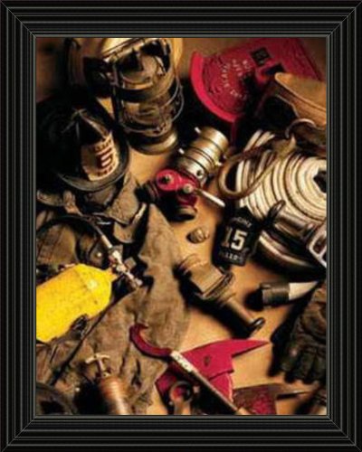 Black Framed Fireman Equipments Art Poster Fire Truck Hose Gloves Kids