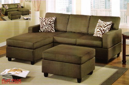 3 pcs Sectional Sofa Set with Ottoman and Accent Pillows in Sage