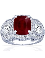 18K White Gold Cushion Cut Ruby Ring With Sidestones