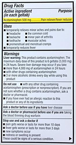 Acetaminophen Geltabs - Extra Strength 500 mg each, 100 ct.