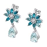 14k White Gold London Blue Topaz and Sky Blue Topaz Floral Dangle Earrings