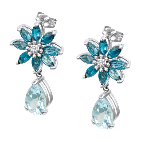 14k White Gold London Blue Topaz and Sky Blue Topaz Floral Dangle Earrings