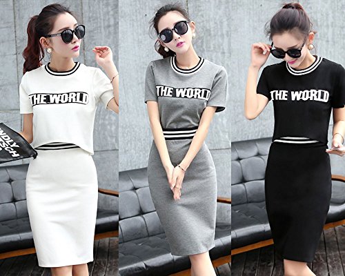 [Kapua] ロゴ トップス & スリット タイト スカート セットアップ カジュアル レディース ( ホワイト/グレー/ブラック )