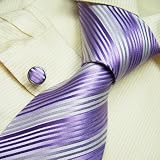 NEW Y&G Designer Hand Made Purple Stripes 100% Jacquard Woven Pure Silk Mens Neck Tie and Cuff Links Set 1007