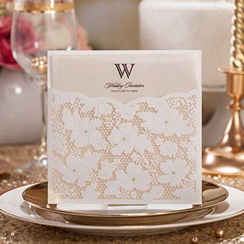 DiscountOne White Square Laser Cut Flower with Small Pearl Lace Pocket Wedding Invitations Card (100)