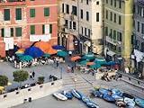 Elevated View of Outdoor Cafe and Surrounding Buildings, Vernazza, Italy Photographic Poster Print