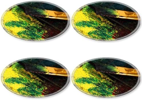 Yellow Green Color Paint Brushes Round Coaster (4 Piece) Set Fabric Rubber 5 Inch Size MSD Coaster Cup Mug Can Water Bottle Drink Coasters Stain Resistance Collector Kit Kitchen Table Top Desk