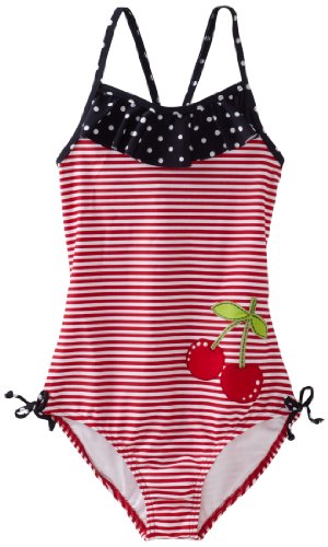 Hartstrings Girls 7-16 Big One Piece Cherry Bathing Suit, Red Stripe, 12