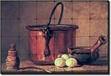 "Still Life with Copper Cauldron and Eggs" by Jean Baptiste Simeon Chardin - Artwork On Tile Tumbled Marble Mural 16" x 24" Kitchen Backsplash