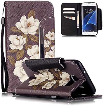 S7 Edge Wallet Case, Galaxy S7 Edge Case, Unibeauty Samsung Galaxy S7 Edge Wallet Case PU Leather Cards Slots Folio Flip Stand Cover with [Hand Strap] for Samsung Galaxy S7 Edge, Begonia Flowers