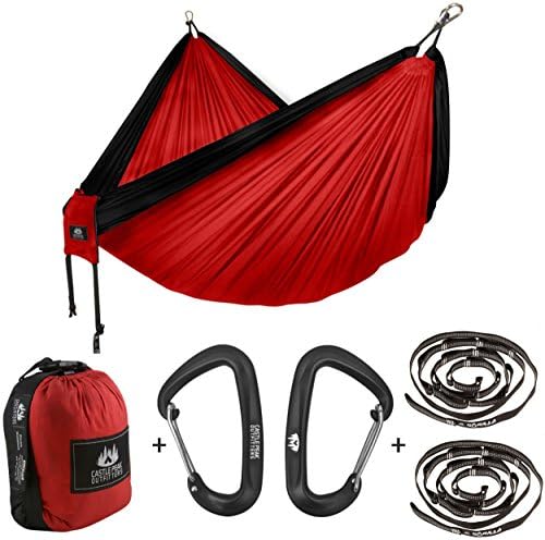 Castle Peak Outfitters XL Double Camping Hammock Swing With Straps And Premium Carabiners - Top Quality Parachute Nylon, Hanging Hammock For Sleeping, Bedroom, Yard, Outdoors, Traveling (Black/Red)