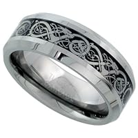 Tungsten 8 mm (5/16 in.) Comfort Fit Flat Wedding Band Ring w/ Celtic Dragon Inlay (Available in Sizes 7 to 14), size 10