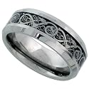 Tungsten Carbide 8 mm Flat Wedding Band Ring Inlaid Celtic Dragon Pattern Beveled Edges,, sizes 7 to 14