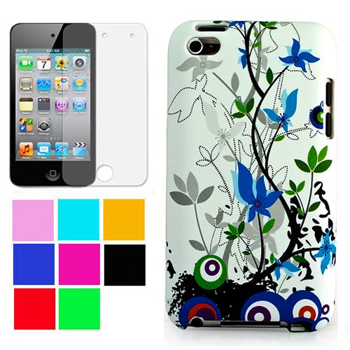 Durable Two Piece Front and Back Protective Hard Shell Crystal Cover Case for Apple iPod Touch 4th Generation + Clear Screen Protector for Apple iPod Touch 4th Generation , Spring Blue Flower