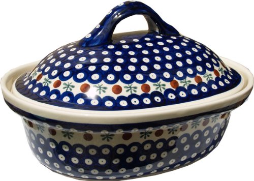 Polish Pottery Oval Casserole Dish From Zaklady Ceramiczne Boleslawiec #1158-41 Classic Pattern, Height: 7.6