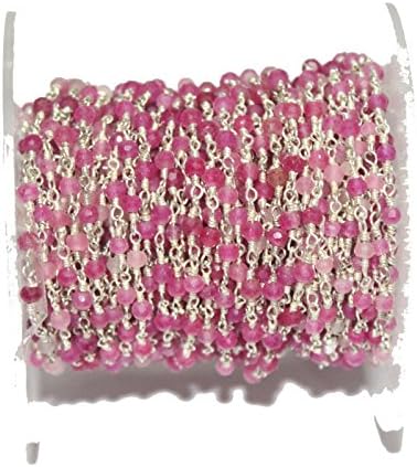 3 Feet Natural dyed ruby Quartz rosary style beaded chain Roundelle beads 3mm 925 Sterling Silver Plated Wire wrapped rosary link chain