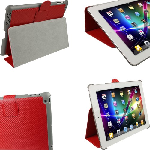 igadgitz Rouge Étui Housse Rigide avec Style Fibre de Carbone pour Apple iPad 2, 3 & Nouveau iPad 4 avec écran Retina 16GB 32GB 64GB. Fonction de Mise en Veille + Protecteur d'écran