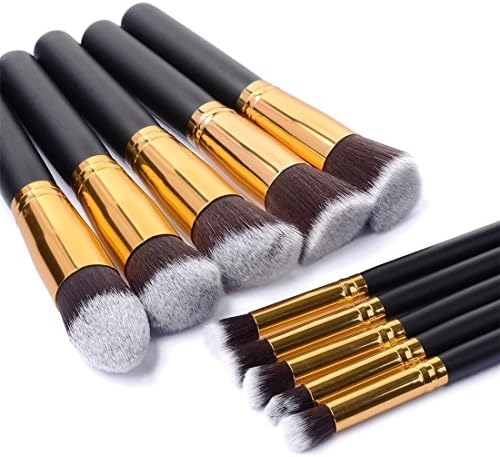 Aliliya Professional 10PCS Premium Luxurious Synthetic Hair Kabuki Makeup Brush Set Cosmetics Foundation Blending Blush Face Powder Brush Makeup Brush Kit (Golden Black)