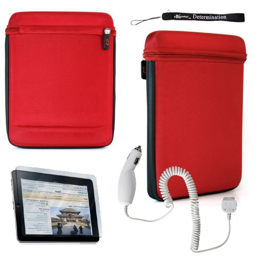 Travel Gear Bag Apple iPad Accessories: Exclusive Limited Edition Tilt Stand Red EVA iCap iPad Cube Hard Nylon Case for iPad  Determination Hand Strap Key Chain + Anti Glare Screen Guard Protector + Rapid Car Travel Charger with Power Indicator LED Light