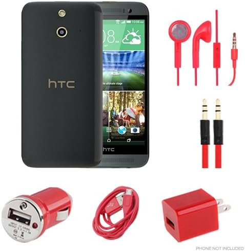 HTC ONE E8 - USB Car And Home Charger Adapter + USB Data Cable + Stereo Headset + Auxiliary Cable (5pc Combo Bundle Kit) - Red