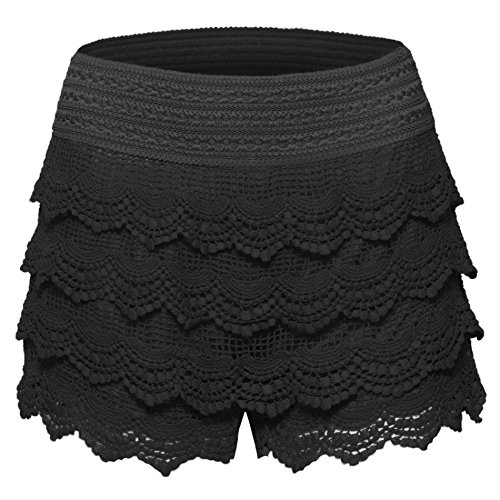 Women's Elastic Waist Tiered Crochet Lace Scallop Hem Casual Mini Shorts