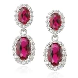 Sterling Silver Synthetic Ruby & Cubic Zirconia Double Oval Drop Earrings by Cheline
