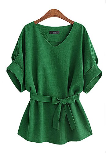 【Bananal】レディース ドルマン　Ｖネック　綿麻　カラー ブラウス 半袖 夏 Tシャツ 短袖 トップス 蝶結び飾り リボン　ベルト付け