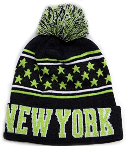 New York Thick Warm Cuffed Beanie Winter Hat Cap with Pom and Stars One Size Adult Dark Gray/Neon Lime