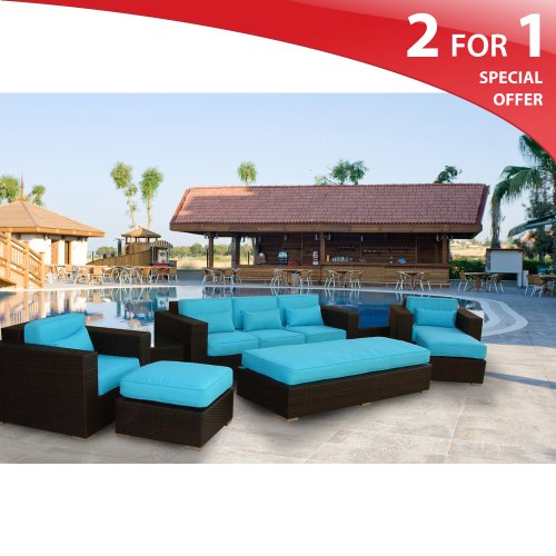 Bahama Modern Outdoor Patio Wicker Sectional Furniture 8 Piece Set Tropical Blue
