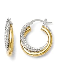 14k rhodium plated yellow gold Leslies Two tone Polished and Textured Hinged Hoop Earrings