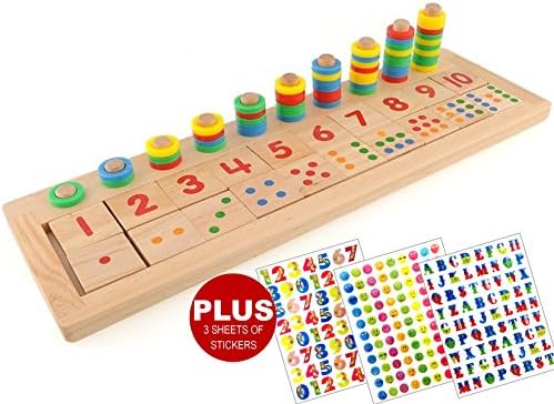 INTELLITOYZ Kids early educational Montessori wooden math counting toy puzzle PLUS 3 sheets of Stickers