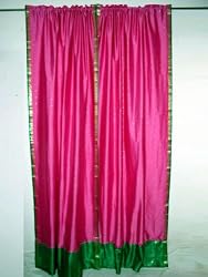 2 Rani Pink Green Border Art Silk Sari Curtains Window Treatment 96"