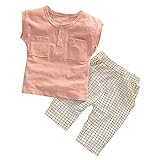 【SEBLES】ベビー 赤ちゃん 女の子 男の子 ユニセックス 半袖 ラウンドネック 無地 ポケット Tシャツ チェック ズボン ボトムス パンツ セット ツーピース コットン 綿(タイプC,85cm