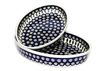 Polish Pottery Peacock Oval Baker Set