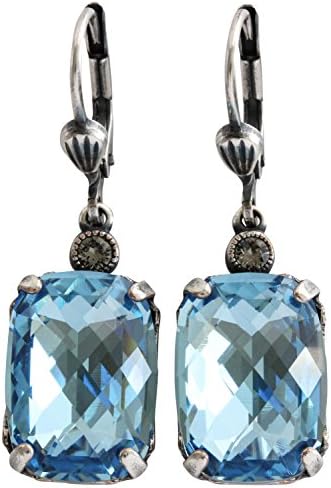 Catherine Popesco Silvertone Crystal Rectangular Earrings, Aqua Blue 6560