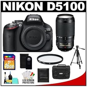 Nikon D5100 16.2 MP Digital SLR Camera Body with 70-300mm VR Lens + 16GB Card + Case + Filter + Remote + Tripod + Cleaning Kit