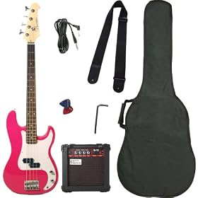 Barcelona Beginner Series Bass Guitar Bundle with 15-Watt Amp, Gig Bag, Strap, and Accessories - Pink: Musical Instruments