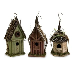Set of 3 Country Rustic Hanging Weathered Birdhouses with Grapevine Twig Accents by