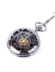 Creddeal Skeleton Black Pocket Watch Chain Mechanical Hand Wind Half Hunter Vintage