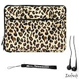 BROWN LEOPARD WITH BLACK TRIM Polyester Fur Design Cover Sleeve Carrying Case with Front Accessory Pocket for AT&T Pantech Element 4G LTE 8 Inch Android Wireless Tablet + Includes a Crystal Clear High Quality HD Noise Filter Black Color Ear buds Earphones Headphones ( 3.5mm Jack ) + Includes an eBigValue (TM) Determination Hand Strap Keychain