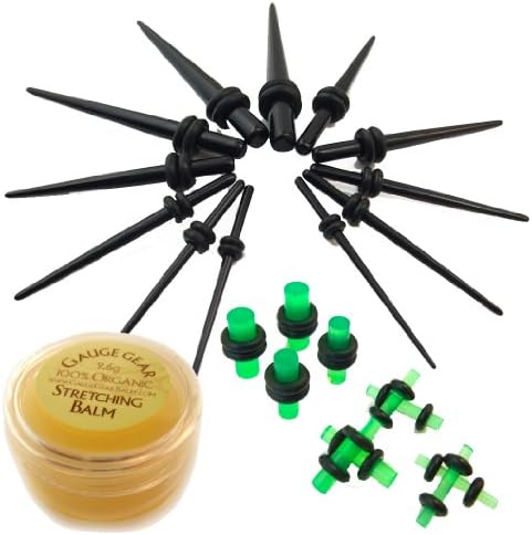 The Defy PLUS Starter Kit Now Featuring Gauge Gear Stretching Balm ~ 22 Total Pieces ~ 12 Pc Black Acrylic Ear Stretching Taper Kit 16g-6g Gauges WITH 10 Pc Green Glow Acrylic Plugs 14g-6g Gauges