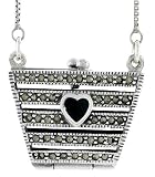 Sterling Silver Marcasite / Black Obsidian Filigree Purse Locket / Prayer Box
