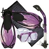 PROMATE Snorkeling Scuba Dive Scanner Mask Fins Dry Snorkel Gear Set w Mesh Bag - Purple - S M
