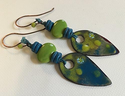 Lime Green and Peacock Blue Earrings with Enamel Charms Copper Earwires