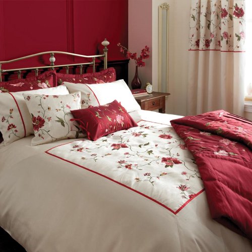 Victoriana Cream Red Embroidered SuperKing Duvet Quilt Cover Catherine Lansfield