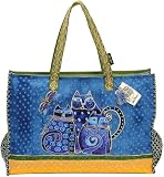 Laurel Burch Oversized Tote with Zipper Top, Indigo Cats