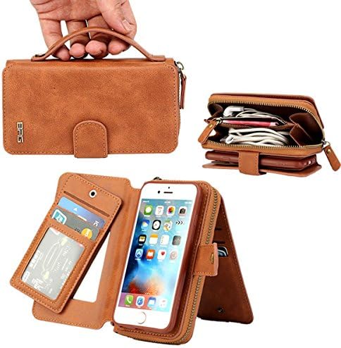 Iphone 6s Plus Case, Primium Zipper Flip Wallet Leather Detachable Magnetic Purse Case with Credit Card Slots Cash Holder Folio Wallet Case for Iphone 6 Plus / 6s Plus 5.5 Inch (Brown)